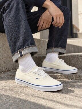 Vans Authentic Cream Canvas Sneakers Navy Stripe Off The Wall, Men's 15